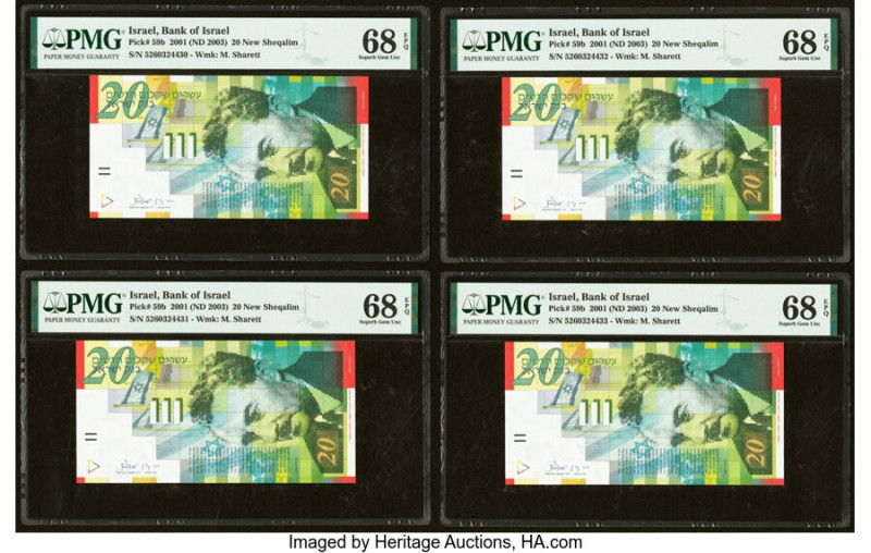 Israel Bank of Israel 20 New Sheqalim 2001 (ND 2003) Pick 59b Four Consecutive E...