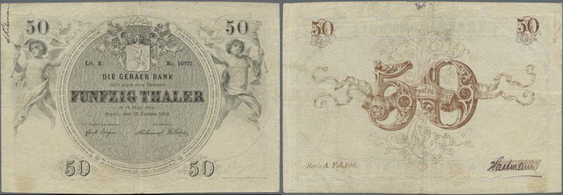 Deutschland - Altdeutsche Staaten: sehr seltene Banknote zu 50 Thaler 1856 Gerae...