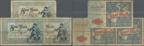 Deutschland - Deutsches Reich bis 1945: Set aus drei Noten ”Ritter” 5 Mark 1882 Ro 6, alle Noten in ähnlicher gebrauchter Erhaltung mit Falten und lei...