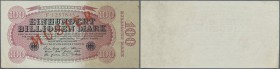 Deutschland - Deutsches Reich bis 1945: 100 Billionen Mark 1923, Ro.125M mit rotem Aufdruck MUSTER und regulärer Seriennummer in sehr schöner, leicht ...