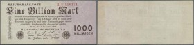 Deutschland - Deutsches Reich bis 1945: 1 Billion Mark 1923, Ro.126b, mehrere Knicke und kleinere Flecken. Erhaltung: F+ ÷ 1 Billion Mark 1923, P.129,...