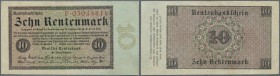 Deutschland - Deutsches Reich bis 1945: 10 Rentenmark 1923, Ro.157 in hübscher Gebrauchserhaltung mit einigen Knicken und Flecken. Erhaltung: F+