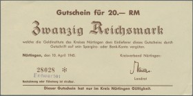 Deutschland - Alliierte Miltärbehörde + Ausgaben 1945-1948: Nürtingen, Kreis, 1, 2, 5, 10, 20, 50 RM, 16.4.1945, entwertet, Erh. I-, total 6 Scheine...