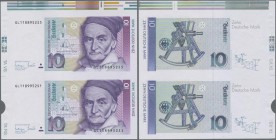 Deutschland - Bank Deutscher Länder + Bundesrepublik Deutschland: zwei Banknoten zu 10 DM 1993 auf ungeschnittenem Bogenstück mit Randstück P. 38c in ...