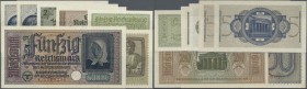 Deutschland - Nebengebiete Deutsches Reich: Set mit 7 Banknoten Reichskreditkasse mit 50 reichspfennig, 1, 2,2 x 5, 20 und 50 Reichsmark o.D. 1939-44,...