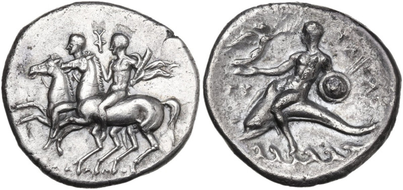 Greek Italy. Southern Apulia, Tarentum. AR Nomos, c. 280-272 BC. Obv. Dioscuri r...