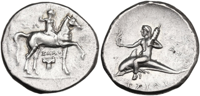 Greek Italy. Southern Apulia, Tarentum. AR Nomos, c. 280-272 BC. Obv. Youth on h...