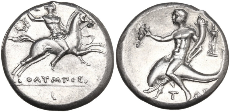 Greek Italy. Southern Apulia, Tarentum. AR Nomos, c. 240-228 BC. Olympis magistr...