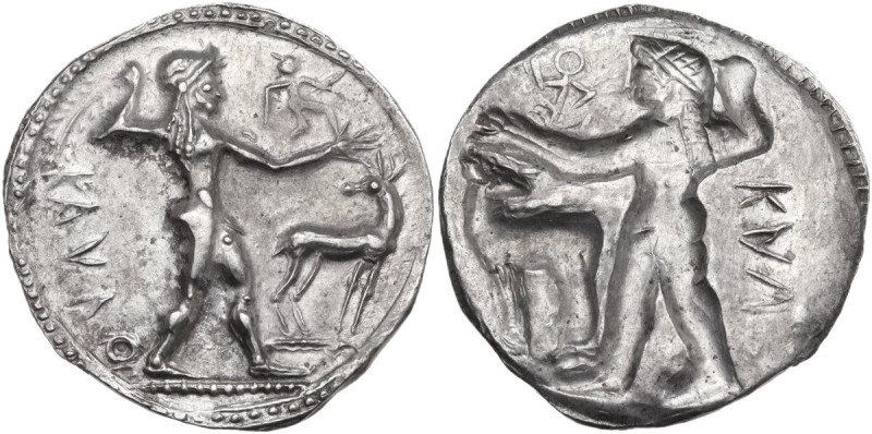 Greek Italy. Bruttium, Kaulonia. AR Nomos, c. 500-480 BC. Obv. ΚΑVΛO. Apollo, di...