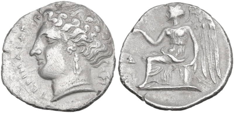 Greek Italy. Bruttium, Terina. AR Drachm, c. 300 BC. Obv. TEPINANIΩN. Head of th...