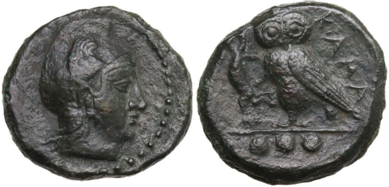 Sicily. Kamarina. AE Tetras, c. 420-405 BC. Obv. Head of Athena right, wearing P...