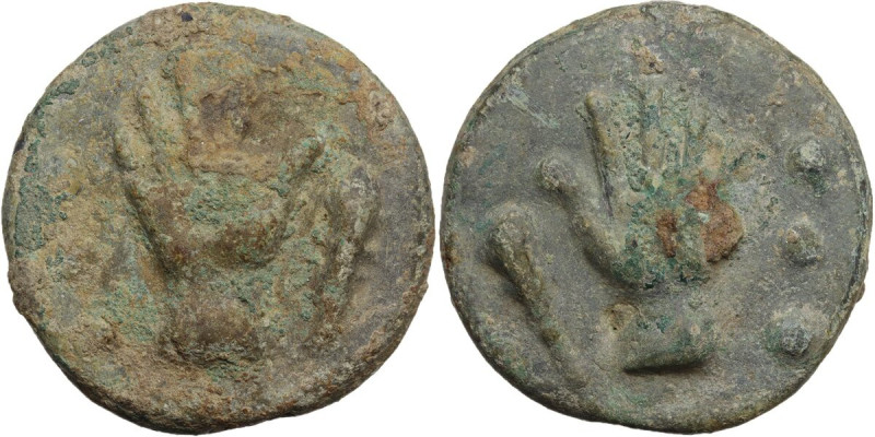 Roma/Roma and club series. AE Cast Quadrans, c. 230-226 BC. Obv. Right hand; at ...