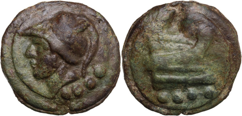 Janus/prow to right libral series. AE Cast Triens, c. 225-217 BC. Obv. Helmeted ...