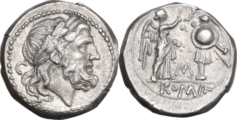 C/M series. AR Victoriatus, uncertain South Italy mint, 214 BC. Obv. Laureate he...