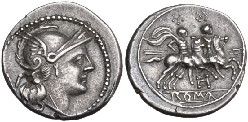 H series. AR Quinarius, uncertain Picenian mint (Hatria?), 214 BC. Obv. Helmeted...