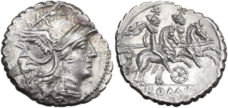 Six-spoked wheel series. AR Denarius serratus, 209-208 BC (Sicily?). Obv. Helmet...