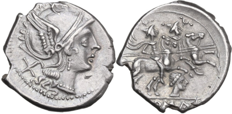 Female head series. AR Denarius, uncertain Spanish mint, 203 BC. Obv. Helmeted h...