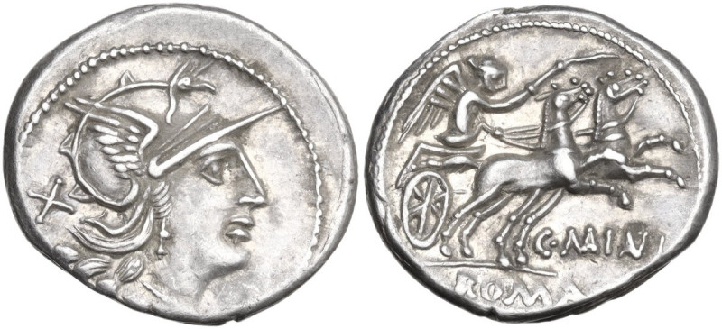 C. Maianius. AR Denarius, 152 BC. Obv. Helmeted head of Roma right; behind, X. R...