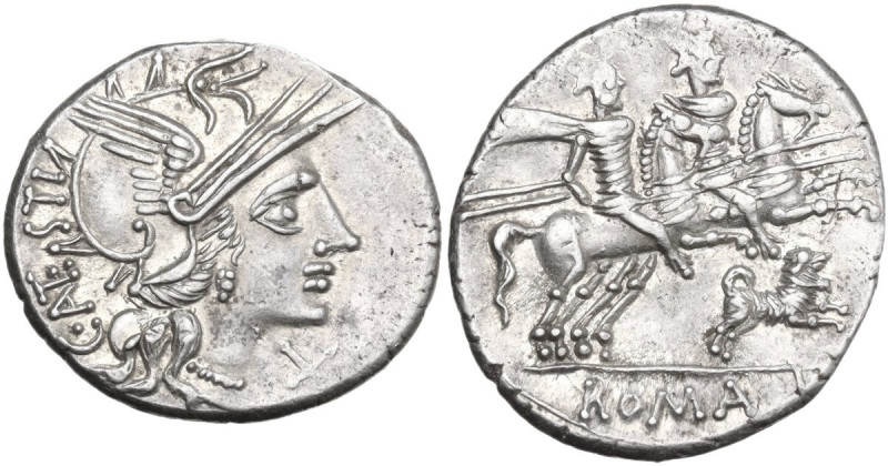 C. Antestius. AR Denarius, 146 BC. Obv. Helmeted head of Roma right; behind, C. ...