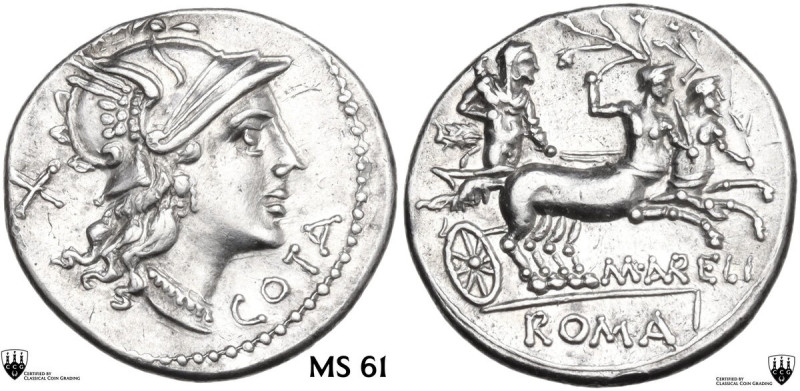 M. Aurelius Cotta. AR Denarius, 139 BC. Obv. Helmeted head of Roma right with ne...