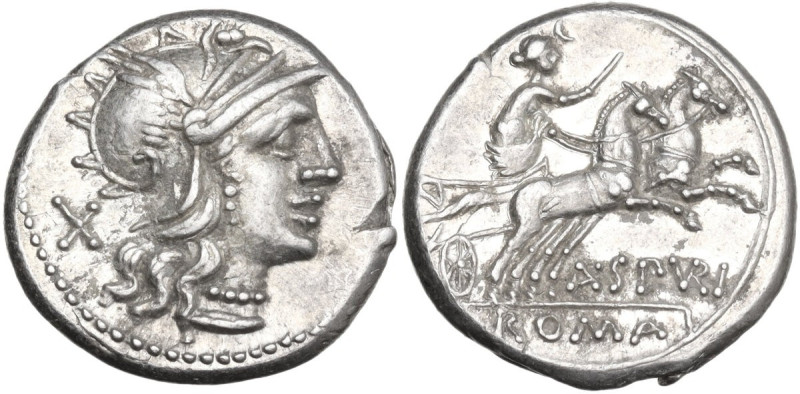 A. Spurilius. AR Denarius, 139 BC. Obv. Helmeted head of Roma right; behind, X. ...