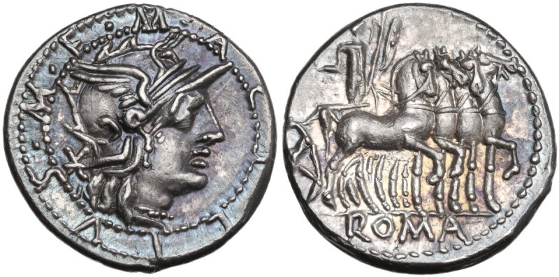 M. Acilius M.f. AR Denarius, 130 BC. Obv. Helmeted head of Roma right; behind, b...