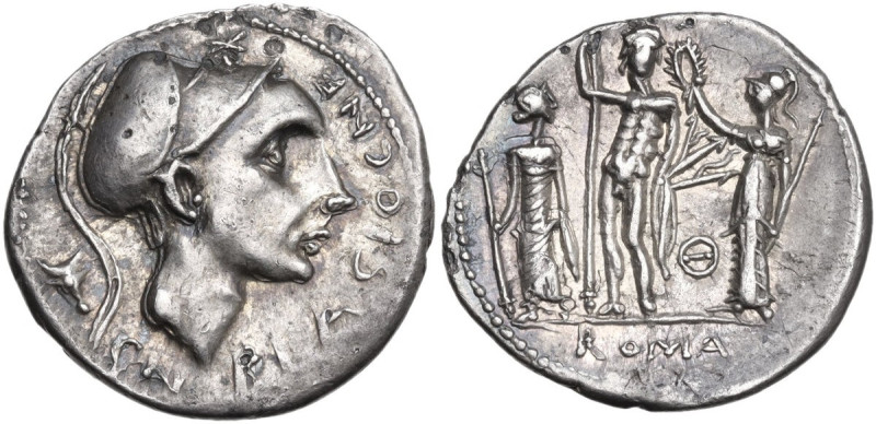 Cn. Blasio Cn.f. AR Denarius, 112-111 BC. Obv. Helmeted head right (Scipio Afric...