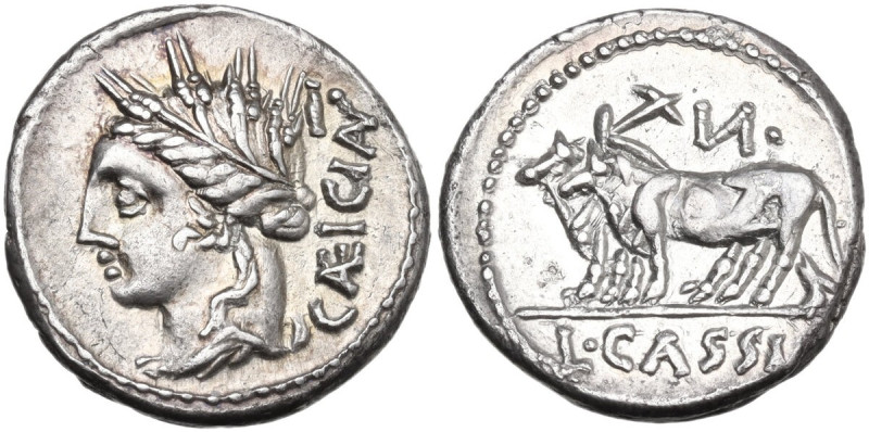 L. Cassius Caecianus. AR Denarius, 102 BC. Obv. Draped bust of Ceres left, weari...