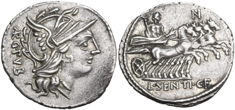 L. Sentius C.f. AR Denarius, 101 BC. Obv. Helmeted head of Roma right; behind, A...