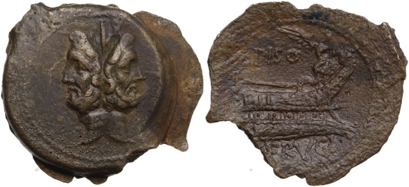 L. Calpurnius Piso Frugi. AE As, 90 BC. Obv. Laureate head of Janus; I above. Re...