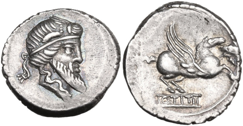 Q. Titius. AR Denarius, 90 BC. Obv. Head of Mutinus Titinus-Priapus right, weari...