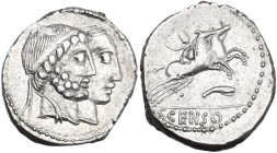 C. Marcius Censorinus. AR Denarius, 88 BC. Obv. Jugate heads of Numa Pompilius, bearded, and Ancus Marcius, not bearded, right. Rev. Desultor right, w...