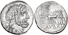 L. Rubrius Dossenus. AR Denarius, 87 BC. Obv. Laureate head of Jupiter right, sceptre over shoulder; below DOSSEN. Rev. Triumphal chariot right, decor...