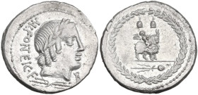 Mn. Fonteius C.f. AR Denarius, 85 BC. Obv. Laureate head of Apollo right; below, thunderbolt; behind, MN·FONTEI·C·F (MN and NT ligate); before, monogr...