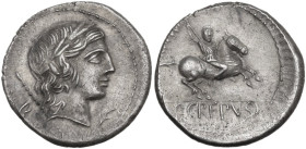 Pub. Crepusius. AR Denarius, 82 BC. Obv. Laureate head of Apollo right, sceptre over shoulder; behind, uncertain letter; below chin, branch. Rev. Hors...