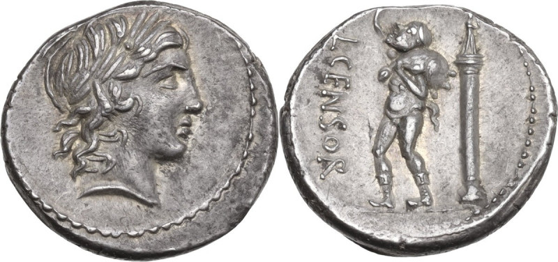 L. Censorinus. AR Denarius, 82 BC. Obv. Laureate head of Apollo right. Rev. L. C...