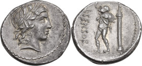 L. Censorinus. AR Denarius, 82 BC. Obv. Laureate head of Apollo right. Rev. L. CENSOR. The satyr Marsyas, standing left, with right arm raised and hol...