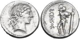 L. Censorinus. AR Denarius, 82 BC. Obv. Laureate head of Apollo right. Rev. L. CENSOR. The satyr Marsyas, standing left, with right arm raised and hol...