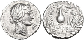 Q. Caecilius Metellus Pius. AR Denarius, 81 BC. Obv. Diademed head of Pietas right; before, stork. Rev. Jug and lituus; in exergue, IMPER; all within ...