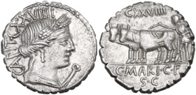 C. Marius C.f. Capito. AR Denarius serratus, 81 BC. Obv. CAPIT CXXVIIII. Draped bust of Ceres right, head bound with corn-wreath; before, control symb...