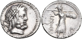 L. Procilius. AR Denarius, Rome mint, 80 BC. Obv. Laureate head of Jupiter right; on the left, S·C. Rev. Juno Sospita standing right, holding shield a...