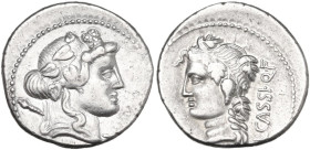 L. Cassius Longinus. AR Denarius, 78 BC. Obv. Ivy-wreathed head of Liber right, thyrsus over shoulder. Rev. L·CASSI·Q·F. Vine-wreathed head of Libera ...