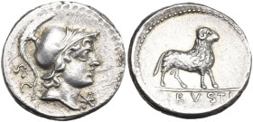 L. Rustius. AR Denarius, 76 BC. Obv. Helmeted head of Minerva right; behind, S·C; below chin, barred X. Rev. Ram standing right; in exergue, L·RVSTI. ...