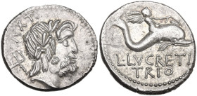 L. Lucretius Trio. AR Denarius, 74 BC. Obv. Laureate head of Neptune right; on the left, trident; above, LXV (control-numeral). Rev. Winged boy riding...