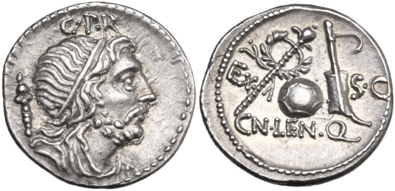 Cn. Lentulus. AR Denarius, uncertain mint, perhaps Spain, 76-75 BC. Obv. Draped ...