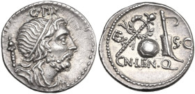 Cn. Lentulus. AR Denarius, uncertain mint, perhaps Spain, 76-75 BC. Obv. Draped male bust of Genius Populi Romani right, hair tied with band and scept...