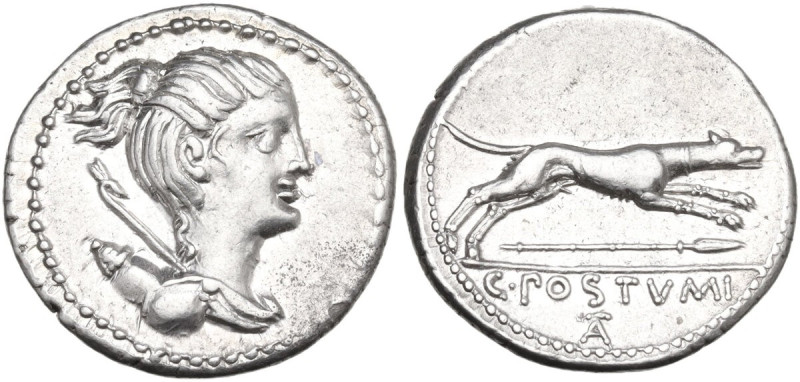 C. Postumius. AR Denarius, 74 BC. Obv. Draped bust of Diana right, hair tied int...