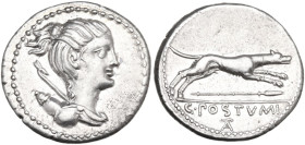 C. Postumius. AR Denarius, 74 BC. Obv. Draped bust of Diana right, hair tied into knot, bow and quiver over shoulder. Rev. Hound running right; below,...