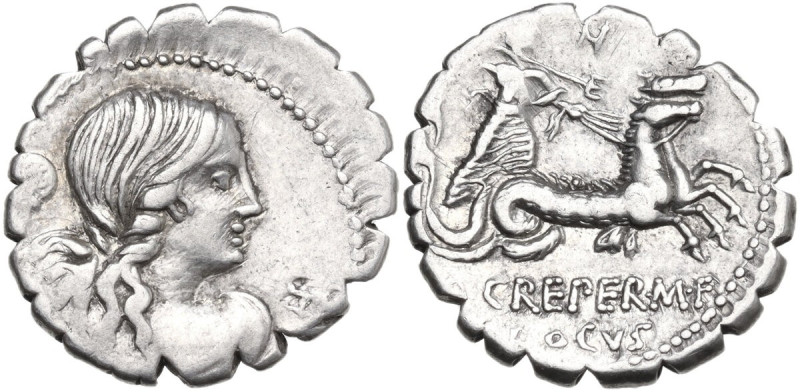 Q. Crepereius M.f. Rocus. AR Denarius serratus, 72 BC. Obv. Draped bust of Amphi...