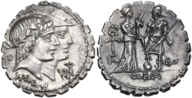 Q. Fufius Calenus and Mucius Cordus. AR Denarius serratus, 70 BC. Obv. Jugate heads of Honos and Virtus right; on left, HO; on right, VIRT (RT ligate)...